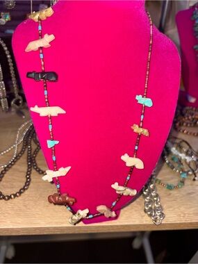Southwestern Bead & Animal Fetish Necklace in Turquoise, Cream, Brown